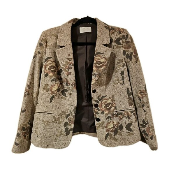 Precis Petite Silk Wool Tweed Blazer Women 12 Beige Floral Professional Career - Picture 3 of 12